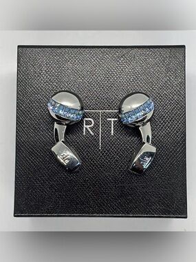 R|T by Robert Tateossian London Swarovski Blue Crystal Cufflinks Rhodium w Box